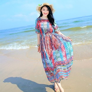 波西米亚胖mm大码 连衣裙夏宽松 沙滩裙中长款 海边度假显瘦长裙中袖