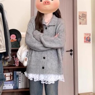 早秋季 秋冬高级感宽松上衣 慵懒风灰色翻领针织开衫 外套女2024新款