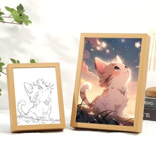 饰画相框摆台装 牀头创意灯光画小猫咪小夜灯素描动漫礼物装 饰画框