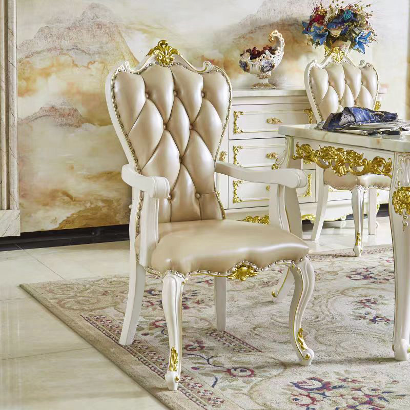 欧式实木雕花真皮餐椅 美式轻奢酒店餐厅靠背椅奢华复古橡木椅子