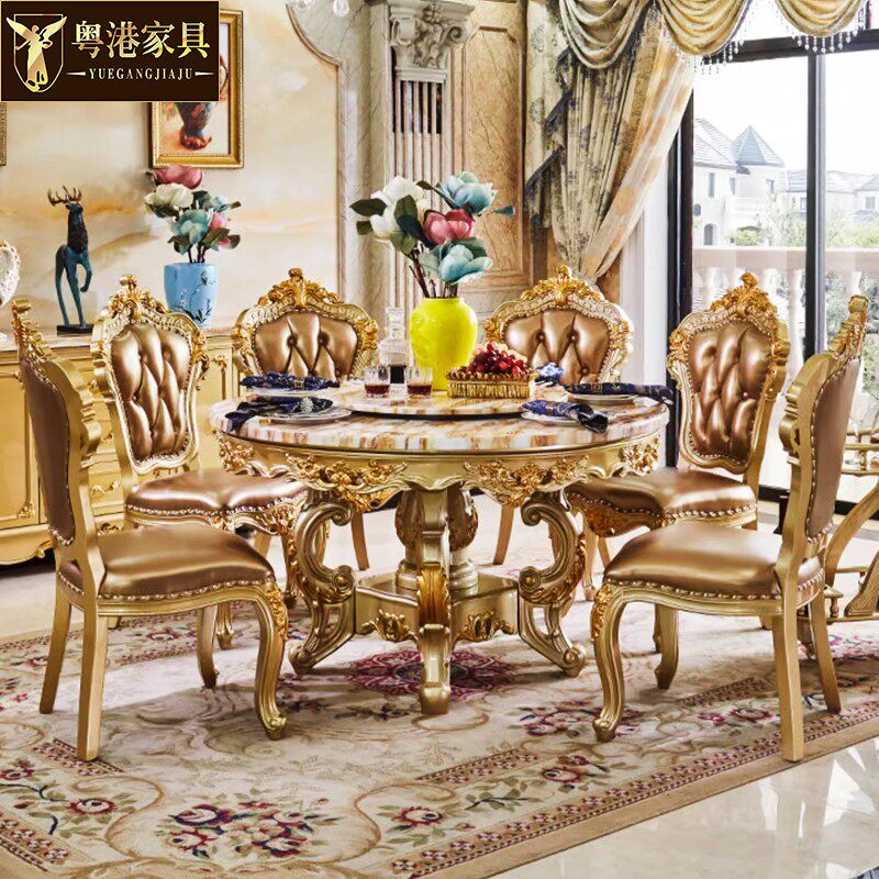 欧式实木圆桌椅组合美式复古别墅餐厅家用酒店饭桌大理石雕花圆桌
