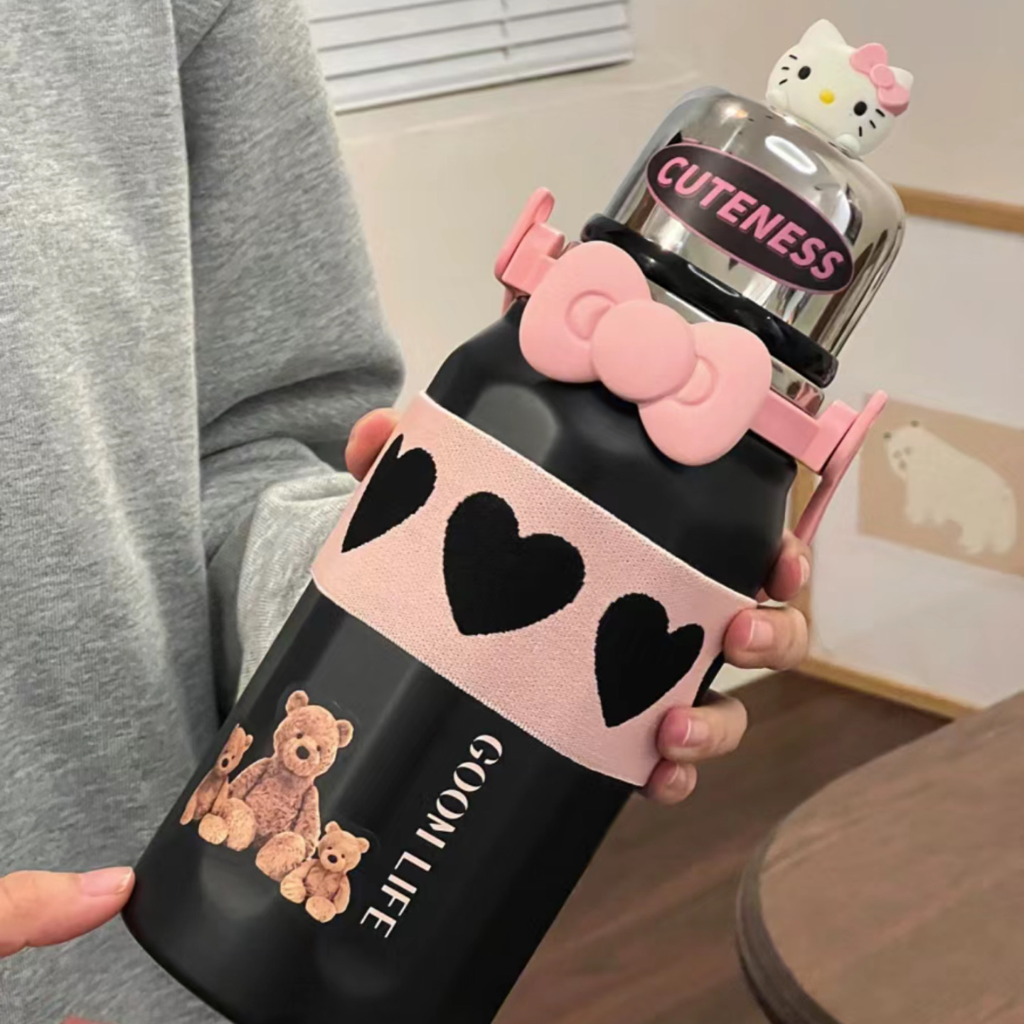 立体KT猫咪粉色蝴蝶结3D水杯贴