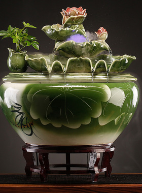大师艺术高端新中式创意青瓷荷花鱼缸流水招财开业送礼乔迁摆件