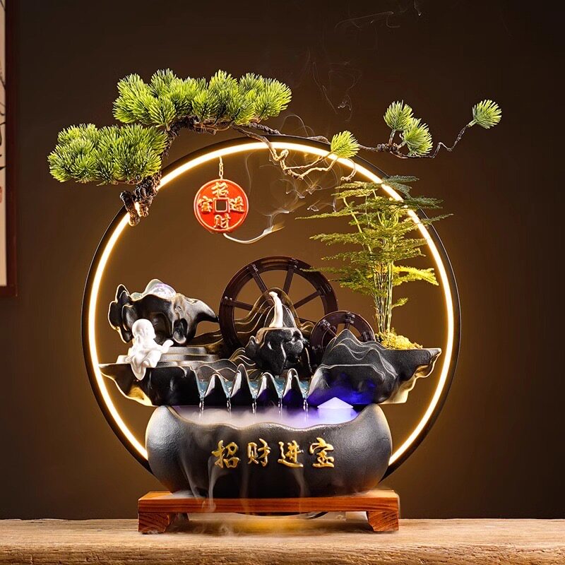 大师艺术高端新中式创意招财流水循环摆件水车风水轮客厅办公室桌