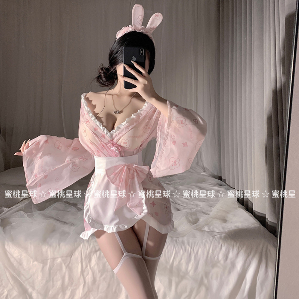 日系粉色透视和服收腰女仆短裙