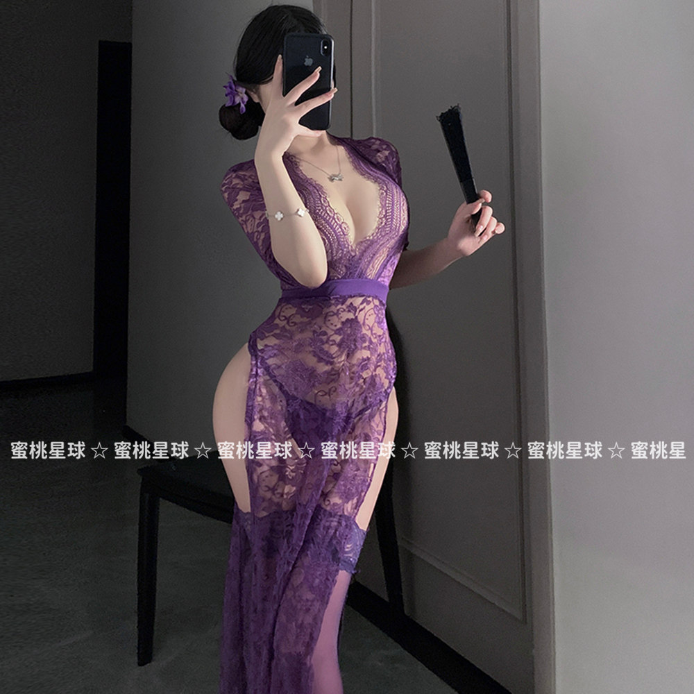 蕾丝透视旗袍深V低胸高开叉
