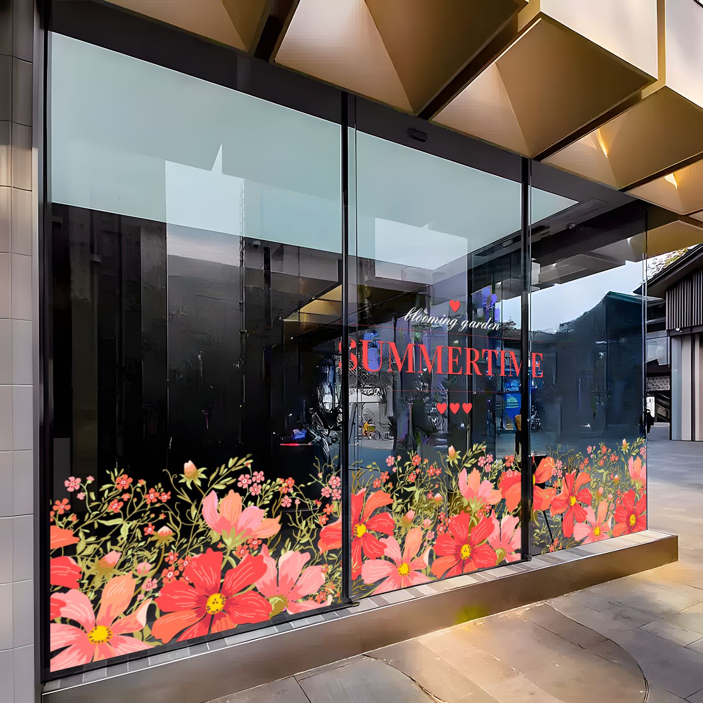 春夏季主题粉色花卉美容婚庆活动服装店定制创意布置静电玻璃贴