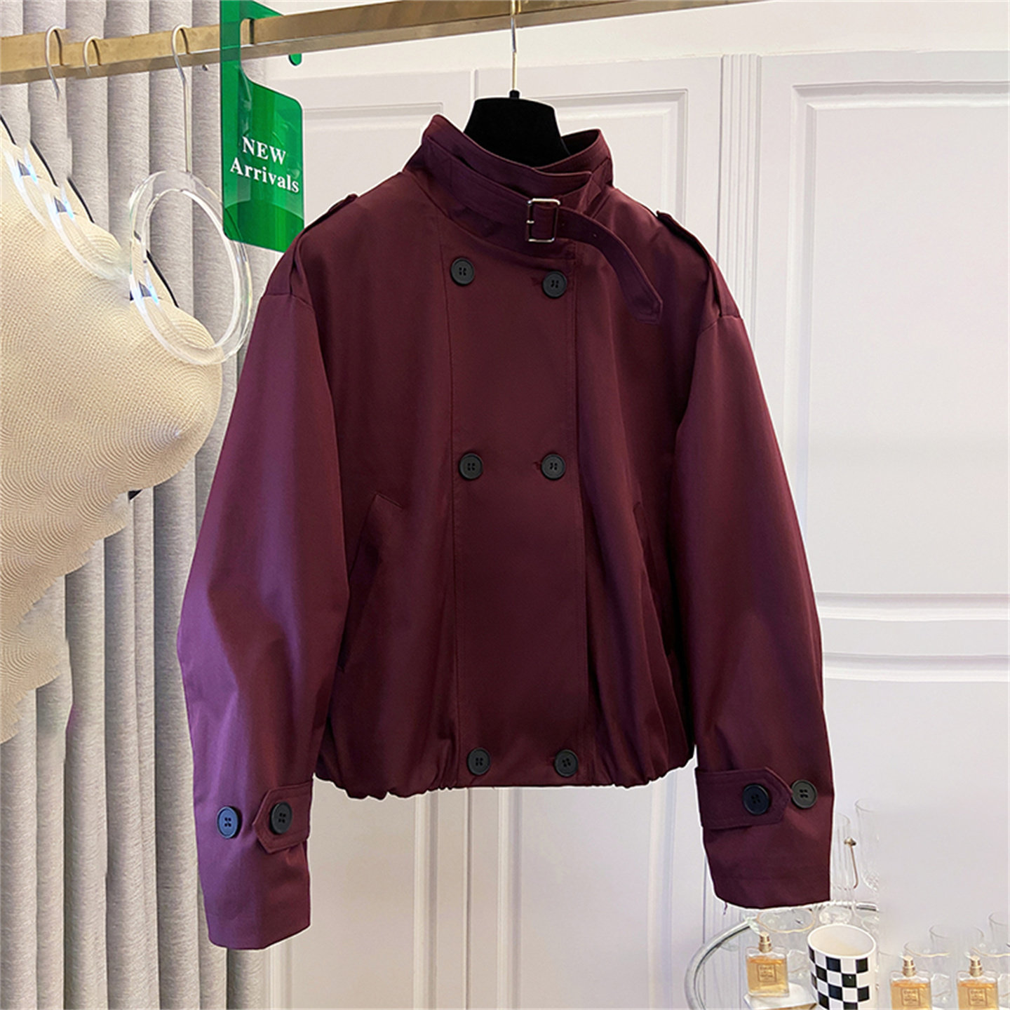 thumbnail for Encore red double-breasted jacket, trench coat top, women's spring/autumn simple style, flesh-covering versatile cardigan, long-sleeve short jacket