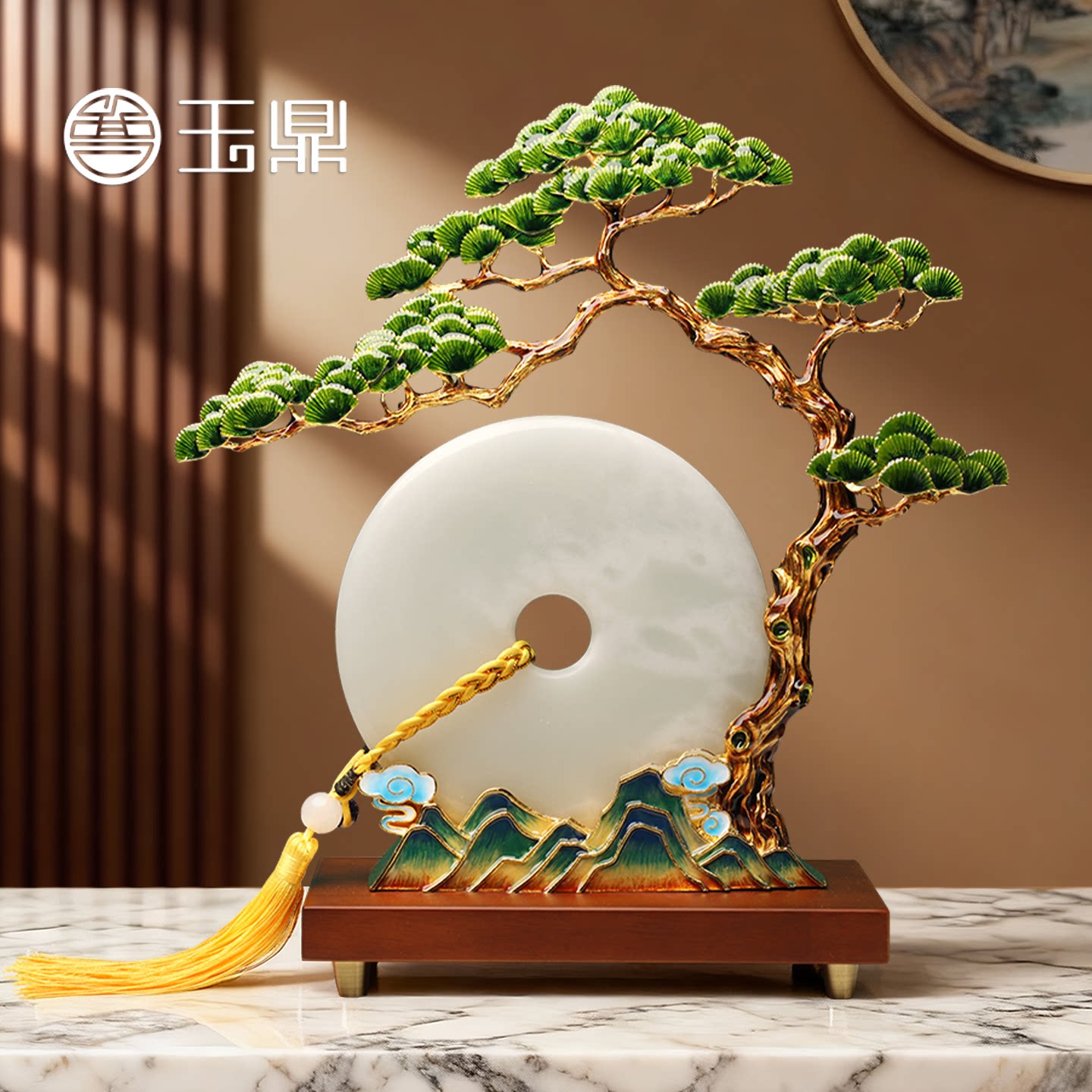 珐琅彩迎客松摆件高档玉石平安扣入户玄关办公室摆件乔迁开业礼物