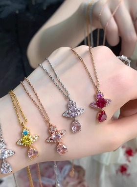 蓝羽土星人鱼泪滴闪钻项链