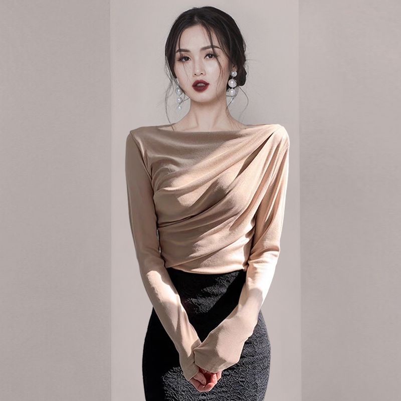 法式显瘦气质上衣2025春季新款女装春季褶皱长袖一字肩T恤打底衫
