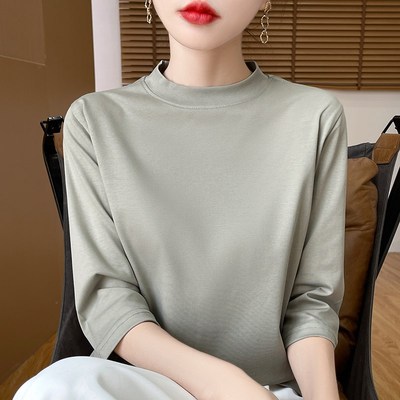 纯棉小立领中袖t恤女七分袖宽松显瘦半高领丝光棉短袖打底衫上衣
