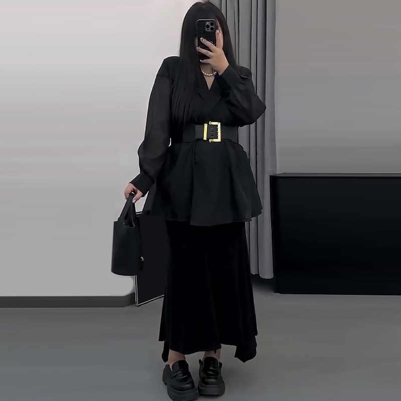 工装休闲西服外套女半身裙套装胖mm2024春季新款显瘦宽松大码女装