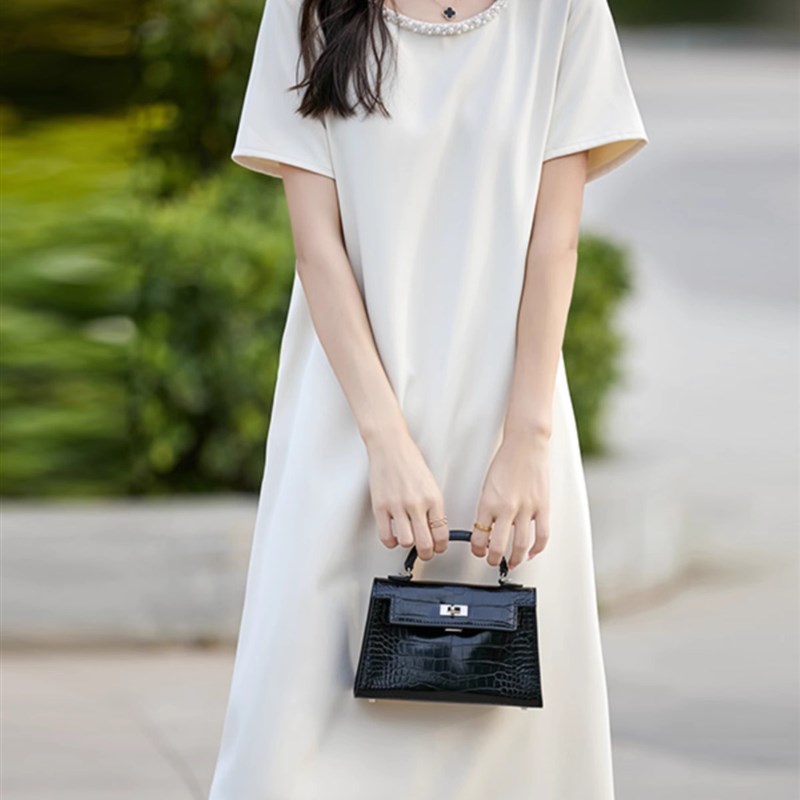 薄款醋酸真丝钉珠圆领连衣裙女中长款镶钻A字裙短袖纯色宽松长裙