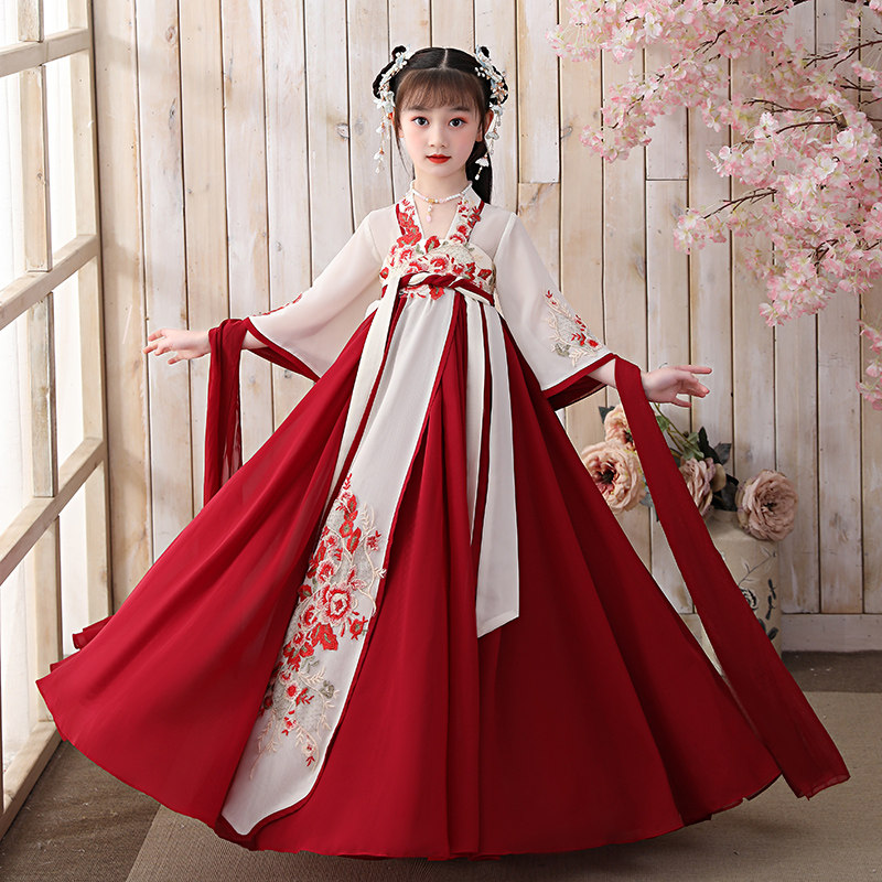 汉服女童连衣裙春夏秋短袖款唐装宝宝超仙中国红色风超仙古装襦裙