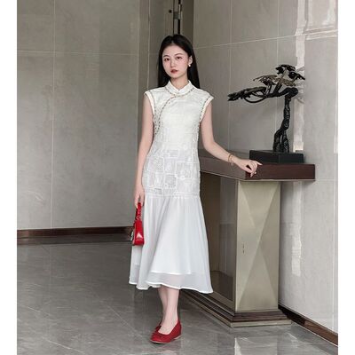 【亭玉佳人】小娜椒小个子清冷镂空网纱拼接改良旗袍鱼尾连衣裙女