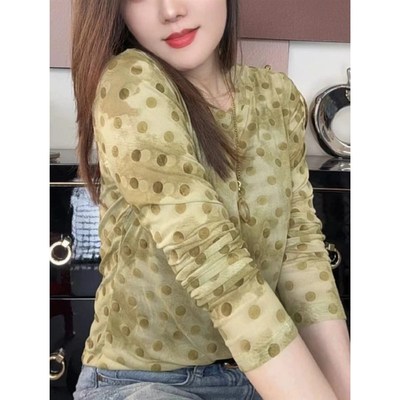 波点长袖网纱t恤女欧货早秋上衣2025新款外穿洋气秋装修身打底衫