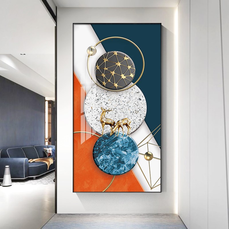 北欧风抽象几何麋鹿入户玄关装饰画玄幻走廊过道壁画轻奢客厅挂画图片