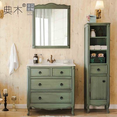 美式复古浴室柜橡木落地洗脸洗手台盆柜组合法式卫生间洗漱台定制