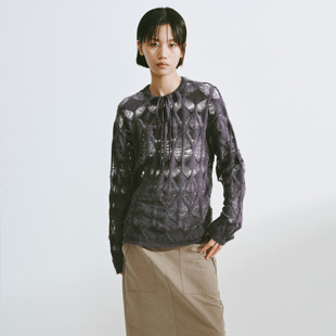 introutro菱格镂空系带绵羊毛套头衫宽松薄款通勤圆领针织上衣女