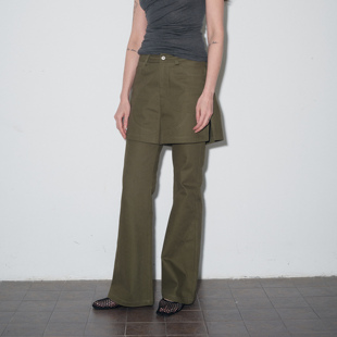 introutro假两件工装军绿微喇长裤复古摩登修身显瘦高腰遮胯裤子