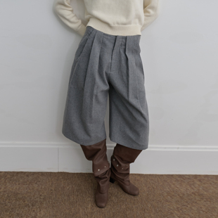introutro褶裥羊毛毛呢七分裤休闲风百搭通勤宽松阔腿直筒裤子女