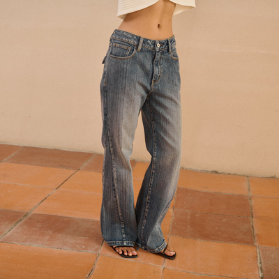 introutro复古蓝竹节微喇牛仔裤