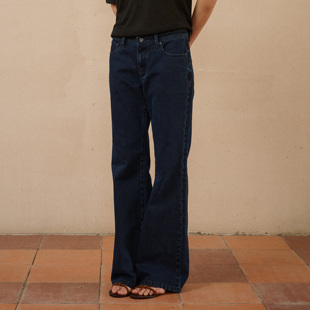 introutro土耳其进口深蓝透气微弹通勤宽松百搭直筒微喇牛仔裤女