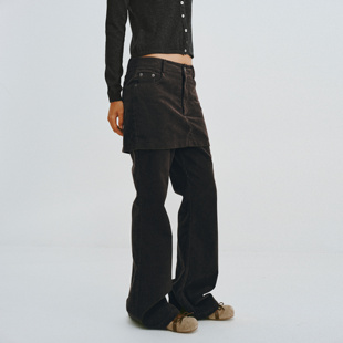 introutro水洗假两件灯芯绒显瘦复古通勤百搭修身显瘦微喇裙裤