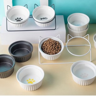 陶瓷猫碗保护颈j椎大口径斜口防打翻狗盆小型犬狗碗二合一双碗一