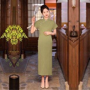 极速绿色旗袍长款古法侧全开襟一C片式女装传统妈妈服饰年轻夏款