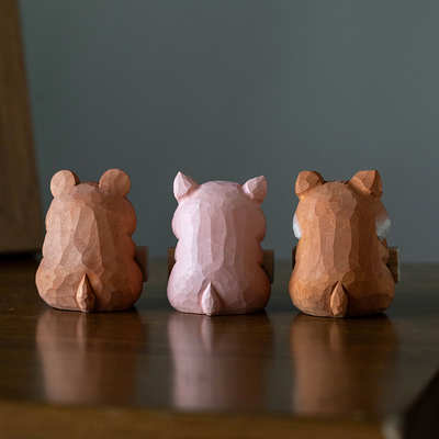 莫生气萌宠汽车中控台摆件实木彩绘猪柴犬熊办公室桌W面小摆件礼