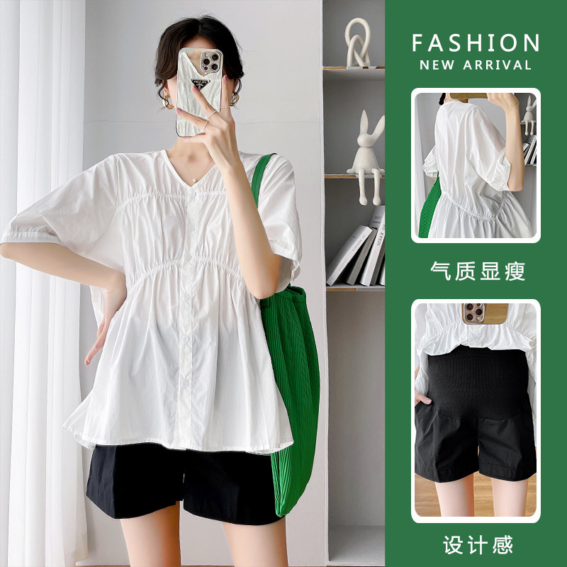 极速孕妇装夏装套装2025新款时尚E夏季薄款短袖娃娃衬衫上衣短裤