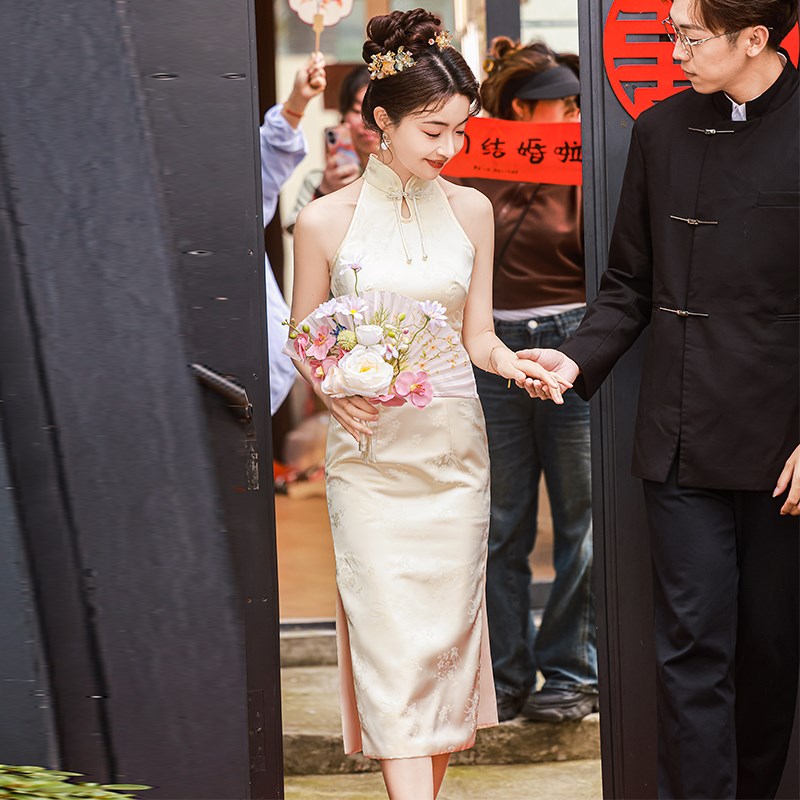 无袖改良旗袍裙日常可穿香槟色订婚领证登记礼服R成人礼敬酒服新