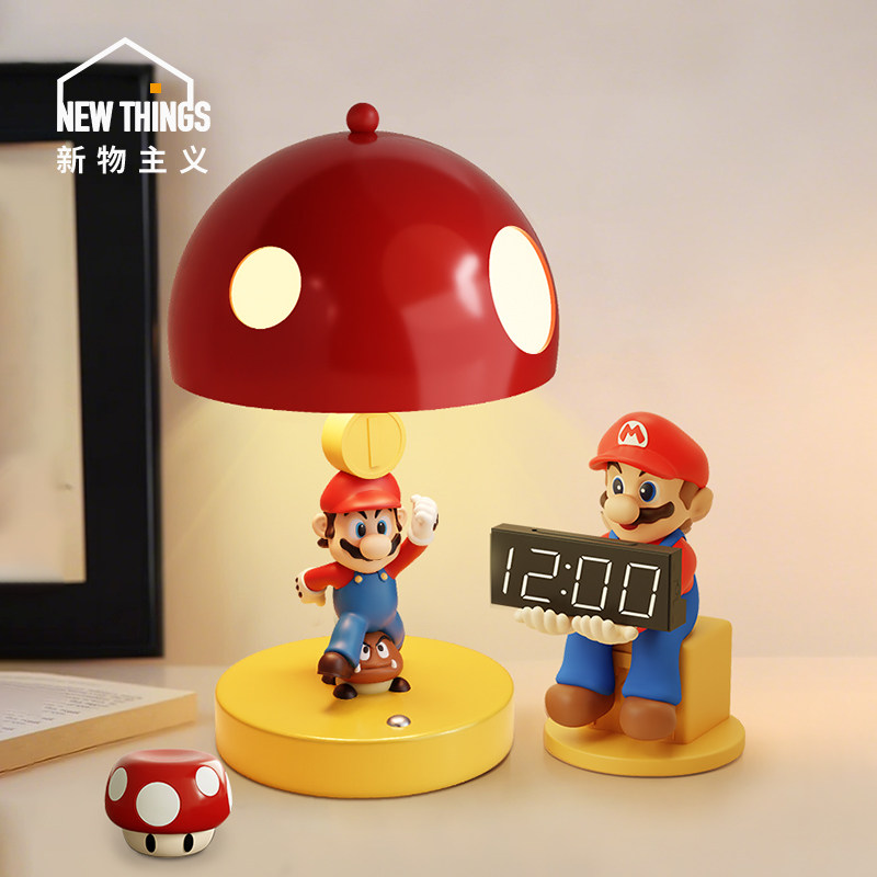 卡通创意玛利欧儿童台灯小夜灯可爱高级桌面闹钟电子时钟摆件礼物