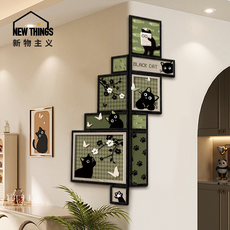 中古风猫咪玄关转角装饰画客厅拐角墙壁挂画卡通儿童卧室布置壁画图片