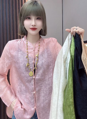 新中式国风雪花扎染真丝缎面宽松衬衫女2026春秋复古小衫上衣外穿