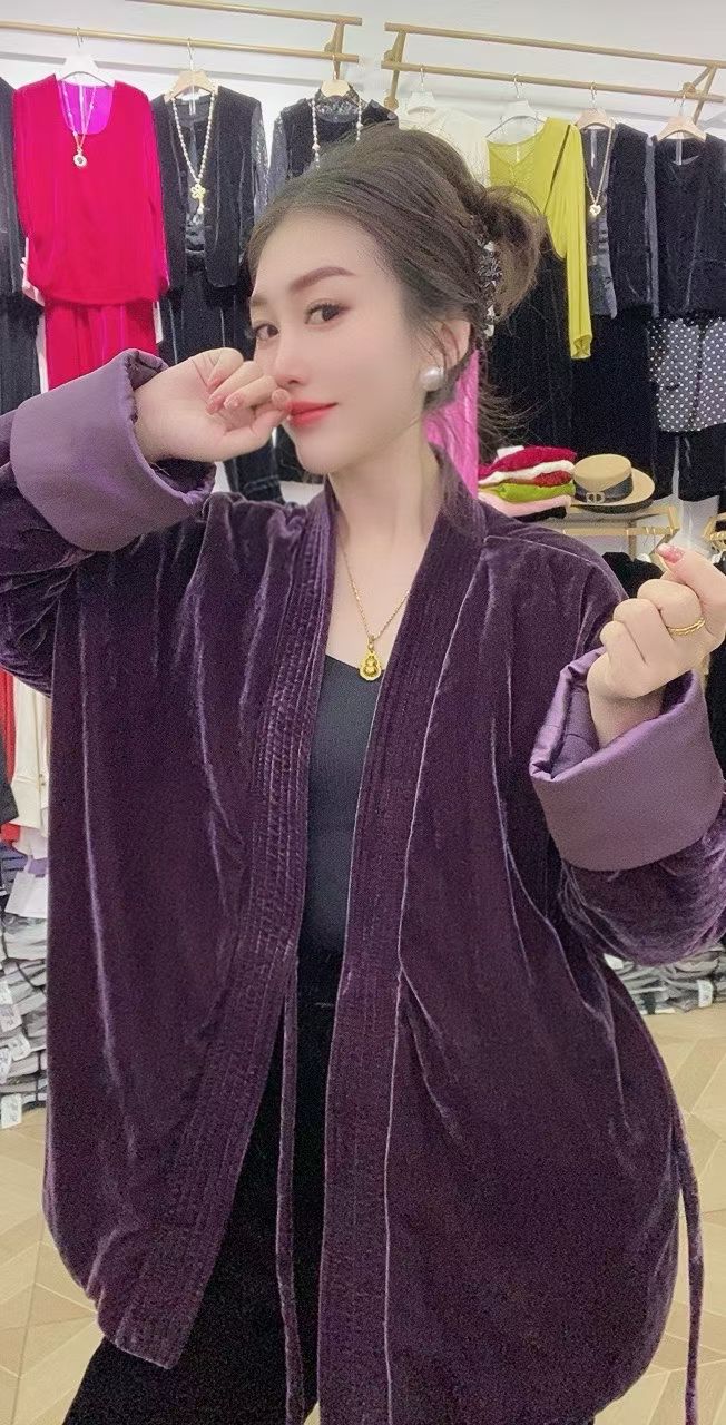 新中式国风盘扣丝绒和服加棉外套女2025秋冬复古棉服二棉上衣潮
