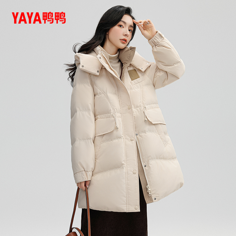 鸭鸭羽绒服女2023年冬季中长款韩版连帽时尚百搭修身保暖新外套W