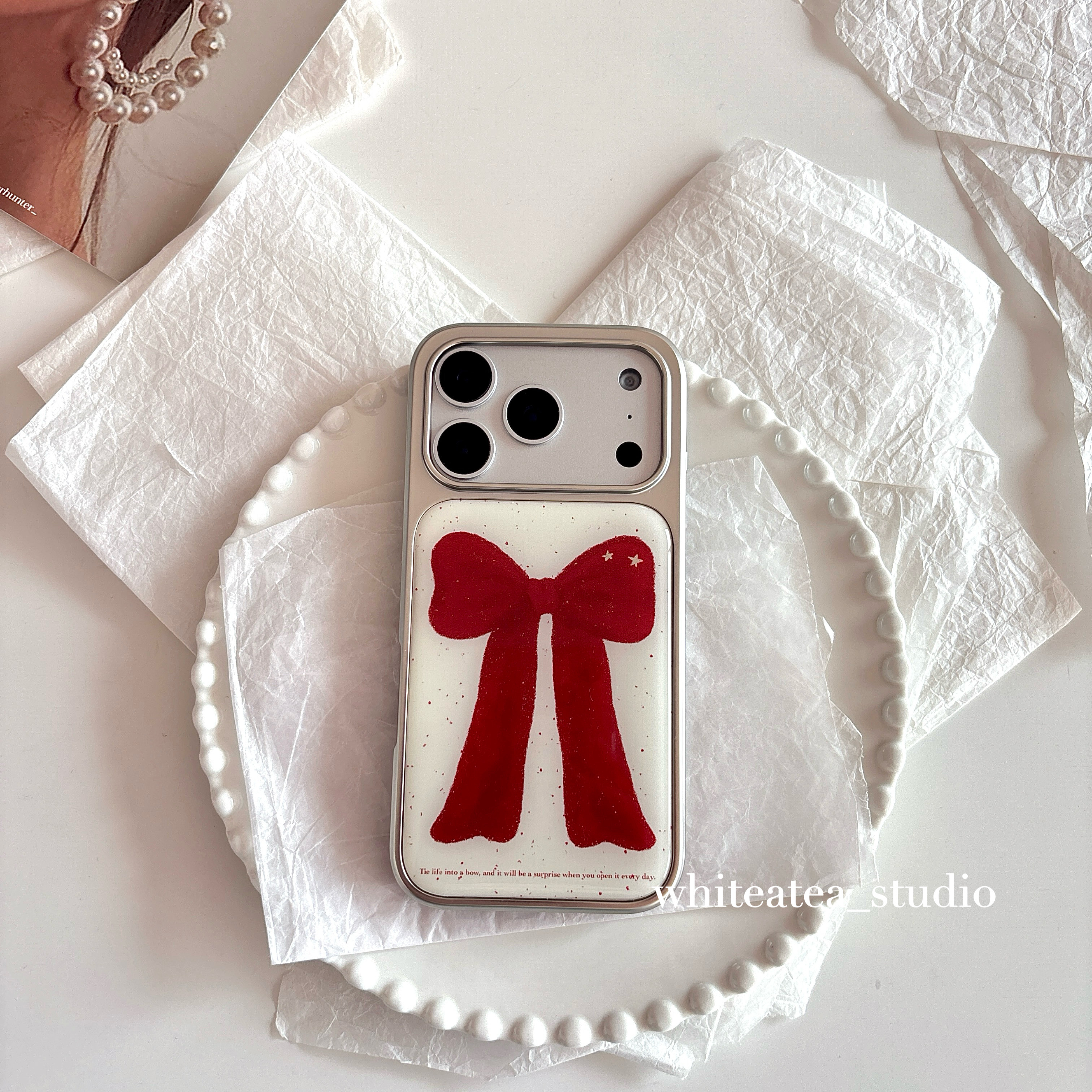 盐白茶ins简约温柔电镀银边泼墨红色蝴蝶结适用苹果17ProMax手机壳iPhone16小众15新款14高级感13保护套女冬,3C数码配件,手机保护套/壳,淘宝优惠券,粉丝福利购,淘宝优惠卷