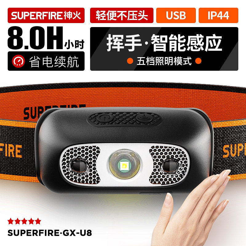 神火GX-U8感应头灯小巧超亮长续航头戴式强光夜钓钓鱼专用充电灯