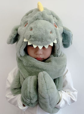 儿童帽子围巾手套三件套男女童冬季加绒加厚宝宝大恐龙一体护耳帽