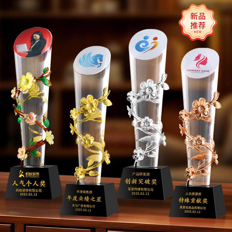 珐瑯彩花藤圆柱水晶奖杯定制照片退休纪念品优秀员工销冠团队奖牌