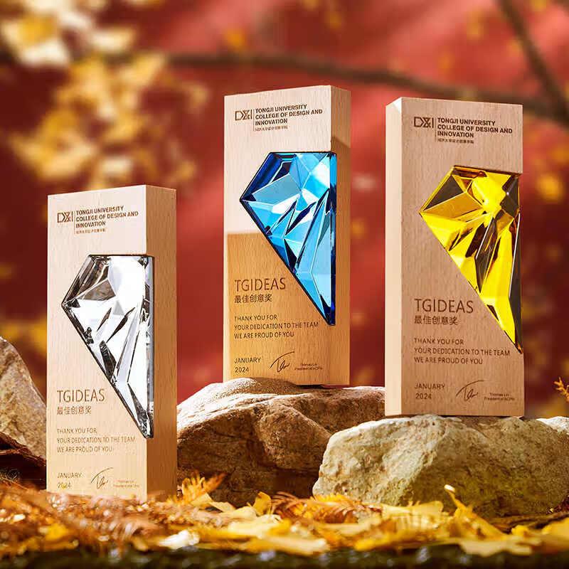 新款实木炫彩水晶奖杯定制激光雕刻奖牌优秀员工年会颁奖嘉奖纪念