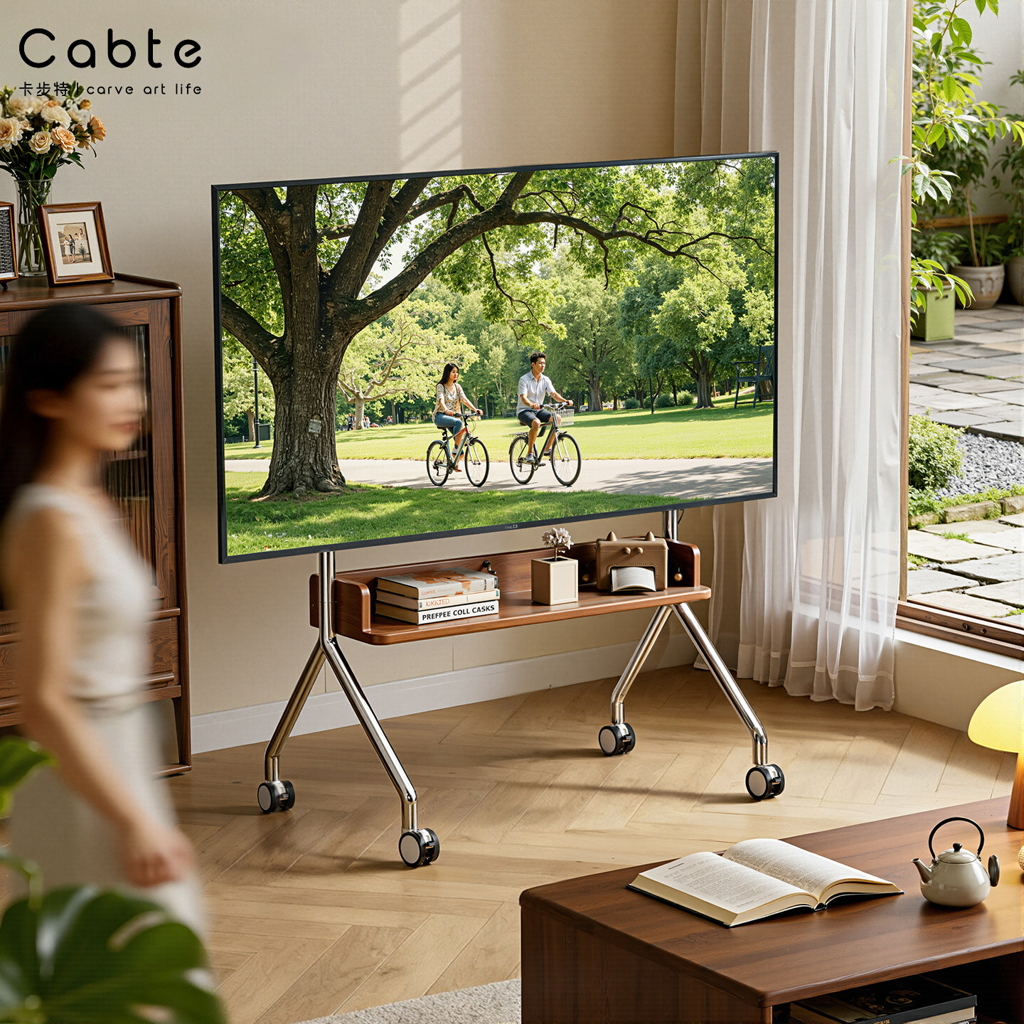 不锈钢实木电视支架带轮电视柜