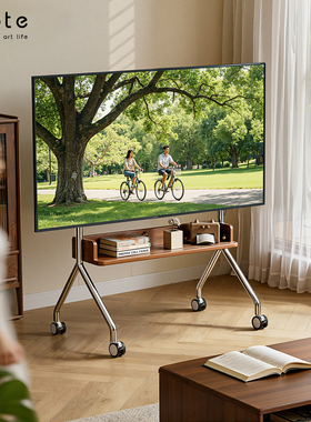 【政府补贴】CABTE实木电视柜不锈钢移动电视支架客厅储物架带轮