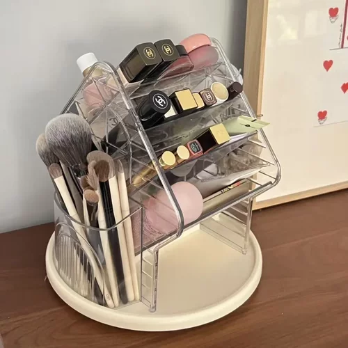 化妆品旋转收纳盒桌面高级感装饰透明口红收纳架旋转首饰挂架置物