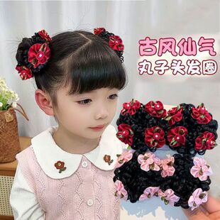 女童节日表演新年喜庆丸子头假发圈发饰儿童发圈哪吒花饰花苞头圈