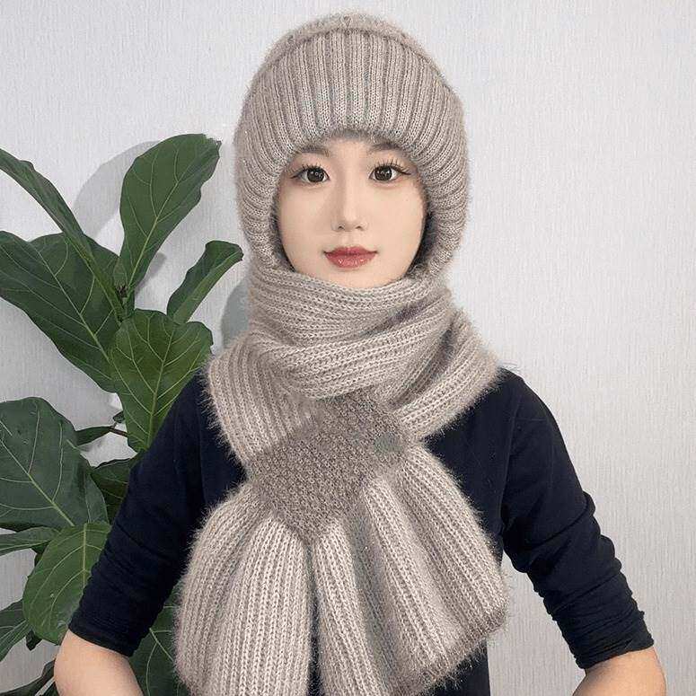 新款帽子围巾一体加绒加厚女冬季毛线编织风雪帽松鼠绒保暖网红帽