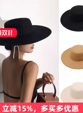 白色法式高级感平顶礼帽女春秋冬夏英伦驼色平沿骑士宽檐毛呢帽子